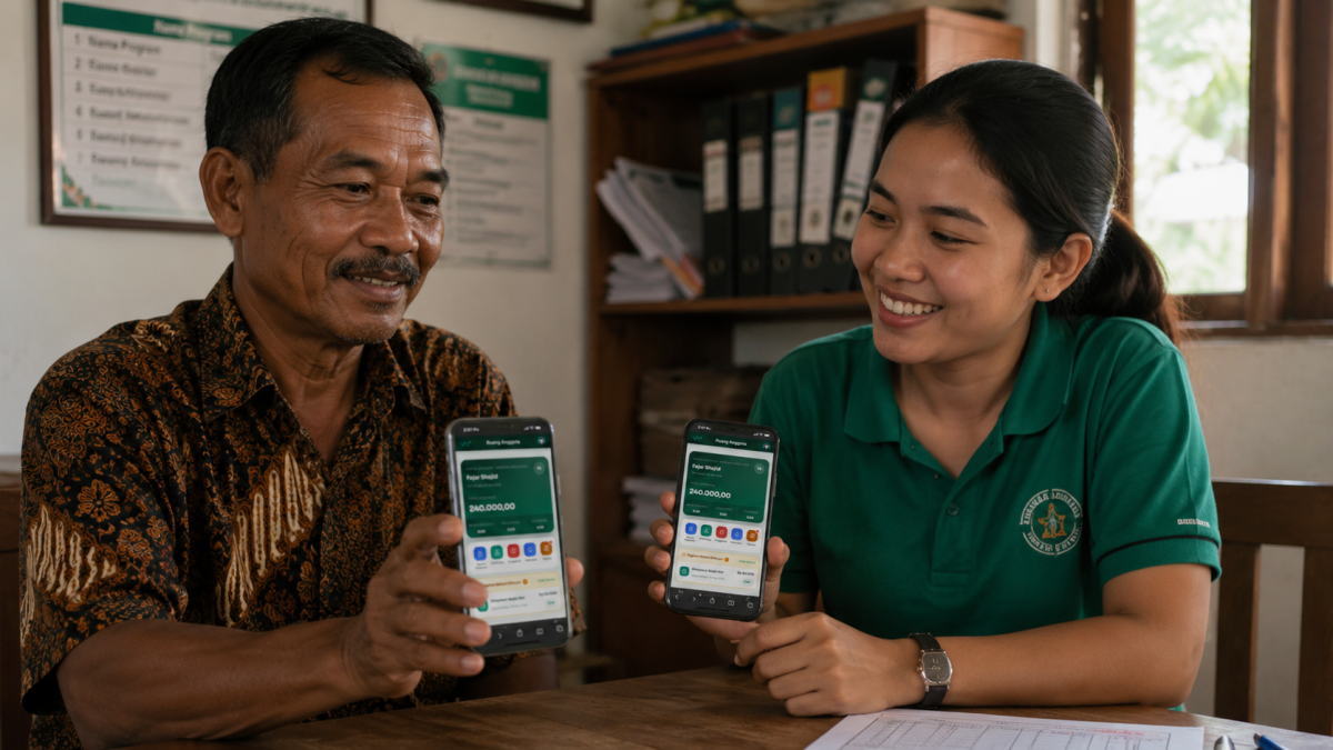 Pengurus koperasi menggunakan aplikasi koperasi Android di smartphone untuk cek laporan dan data anggota