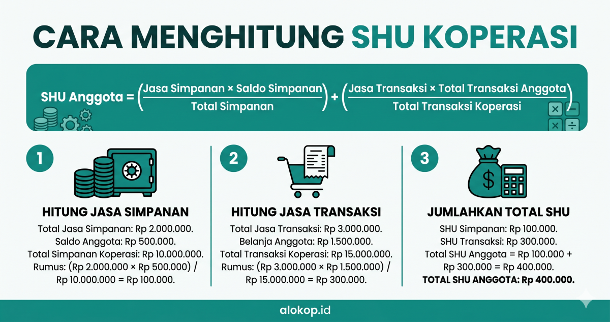 Infografis cara menghitung SHU koperasi berdasarkan simpanan dan partisipasi transaksi anggota