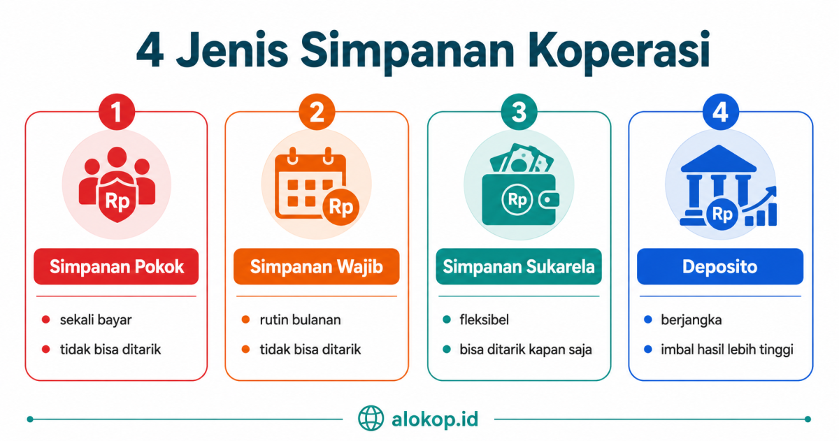 Infografis 4 jenis simpanan koperasi beserta perbedaan aturan penarikan dan imbal hasilnya