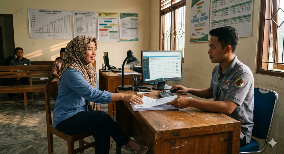 Warga desa mengajukan pinjaman di kantor Koperasi Desa Merah Putih dengan formulir pengajuan