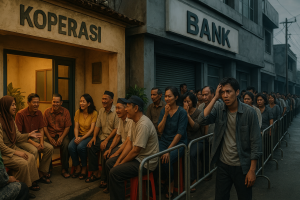 Ilustrasi koperasi lokal yang aktif dan stabil saat krisis ekonomi, sementara bank mengalami penurunan