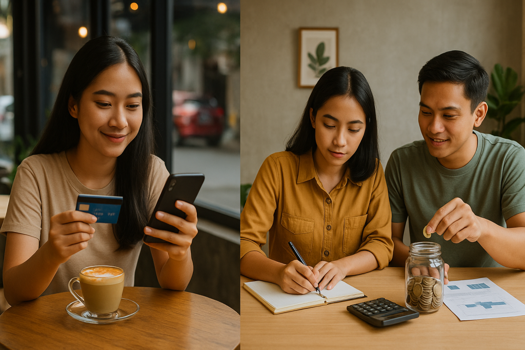 Ilustrasi gaya hidup milenial antara konsumtif dan hemat, memperlihatkan dua sisi: satu sisi dengan belanja online dan kopi kekinian, sisi lain dengan menabung dan investasi