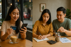 Ilustrasi gaya hidup milenial antara konsumtif dan hemat, memperlihatkan dua sisi: satu sisi dengan belanja online dan kopi kekinian, sisi lain dengan menabung dan investasi