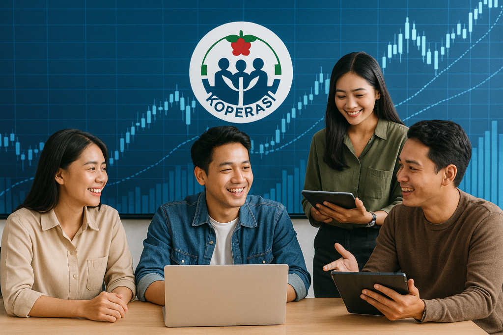 Ilustrasi anak muda Indonesia sedang berdiskusi dalam ruangan modern dengan logo koperasi digital, menggambarkan generasi Z dan milenial terlibat dalam dunia koperasi