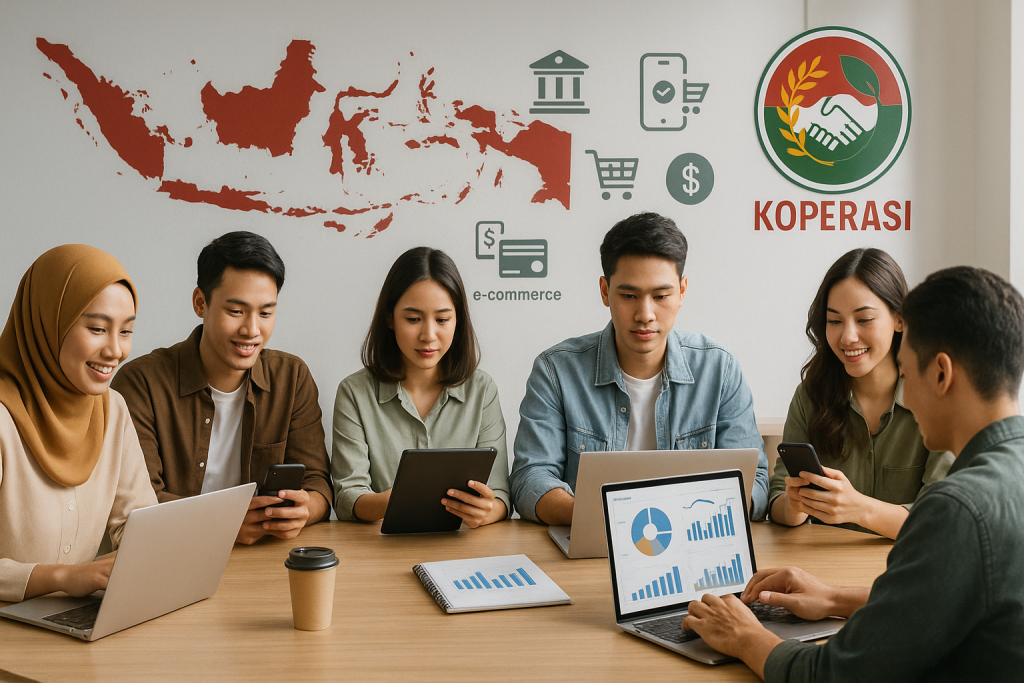 Infografis pertumbuhan ekonomi digital Indonesia dan koperasi yang sedang bertransformasi ke era digital