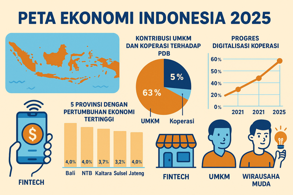 Infografis landscape tentang peta ekonomi Indonesia tahun 2025 dengan kontribusi UMKM dan koperasi