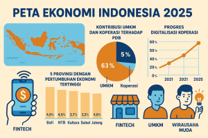 Infografis landscape tentang peta ekonomi Indonesia tahun 2025 dengan kontribusi UMKM dan koperasi