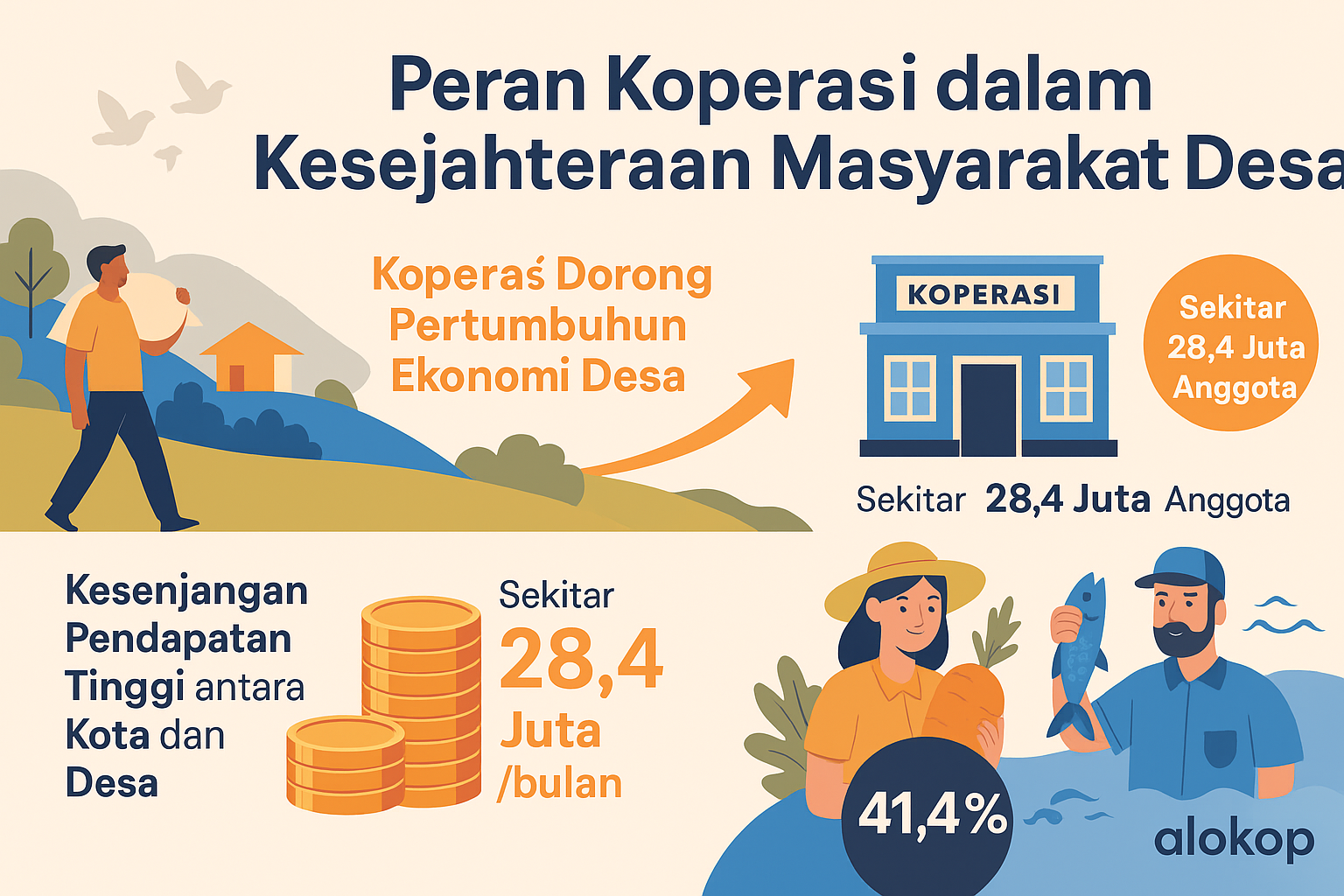 Infografis landscape tentang peta ekonomi Indonesia tahun 2025 dengan kontribusi UMKM dan koperasi